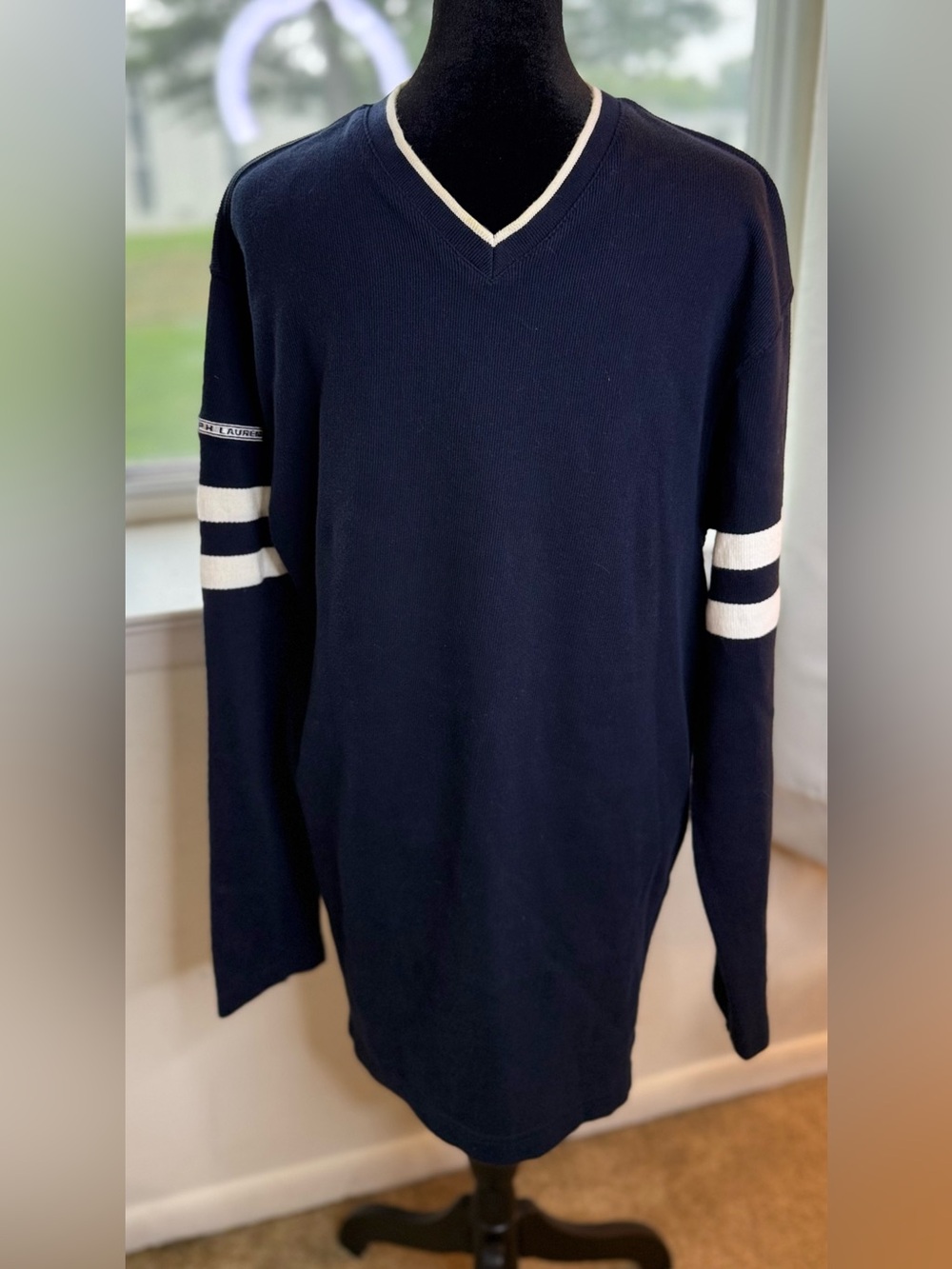 Mens vintage Chaps Ralph Lauren collegiate striped navy and white preppy sweater